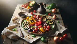 Rustic farm-to-table vegan dish with charred bell peppers, zucchini, eggplant, cherry tomatoes, and red onion, garnished with pine nuts and basil on a wooden table.