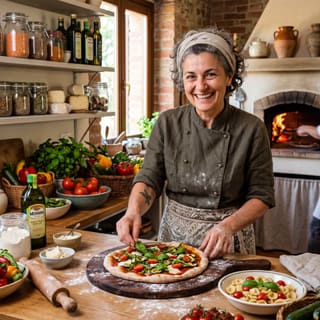 Isabella in a cozy, sunlit kitchen, tossing vegan pizza dough in a rustic setting.