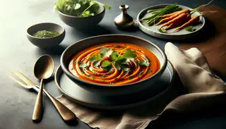 African-inspired vegan glazed soup in a medium bowl with steam, orange from sweet potatoes and carrots, garnished with fresh cilantro on a simple table.