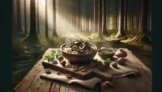 A serene forest background with sunlight, featuring a hot bowl of mushroom and walnut stew with sorghum pilaf on a wooden table.
