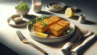 Crispy golden tofu on a chic plate, adorned with fresh herbs and lemon, under warm, natural-like lighting on a minimalist table.