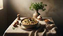 Elegant vegan mushroom risotto in a shallow bowl, highlighted by soft natural light, with fresh parsley in a vase on a minimalist table.