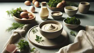 Image of a creamy vegan tart sauce in a simple bowl, surrounded by fresh herbs like parsley and dill on a neutral table, highlighted by natural light.