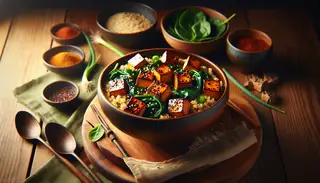 Photorealistic image of a Smoky Maple-Tofu Breakfast Bowl on a minimalistic wooden table, featuring crispy tofu, quinoa, spinach, and garnishes, with a rustic color palette.