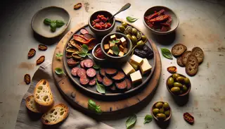 Minimalist vegan charcuterie board with smoked sausage slices, tofu, vegan cheese, artichokes, olives, sun-dried tomatoes, and roasted peppers, accented with basil and fig jam, on a wooden table.