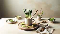 A cozy mug of Umami Elixir, adorned with sliced scallions, stands on a simple table setting, exuding vegan umami goodness.