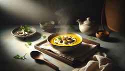 Bright yellow Spiced Coconut & Lemongrass Soup in an elegant bowl, garnished with coriander, next to a spoon and linen napkin, with a softly blurred background.