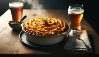 Vegan Shepherd's Pie with golden sweet potato crust, lentil filling visible, on dark wood table with beer and ambient lighting.