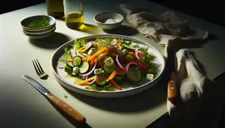 Elegant dining table setting with a vegan pickled vegetable and feta salad on a white plate, highlighted by natural light.