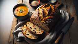 Freshly baked vegan African spiced bread with golden crust, spices, nuts, and raisins on a rustic table, beside a bowl of vibrant soup, under soft lighting.