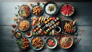 A vibrant Asian vegan feast: colorful sushi rolls, marinated tofu nigiri, tempura sweet potatoes, dried watermelon & jackfruit, shiitake tempeh broth, and pho with zucchini noodles & tofu.