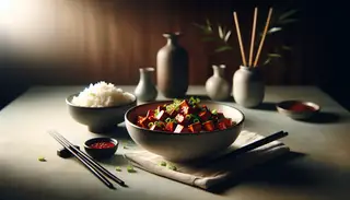 Image of Vegan Szechuan Mapo Tofu in a modern bowl, garnished with green onions and cilantro, beside chopsticks and jasmine rice, on a minimalist table.