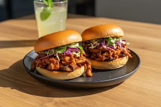 Smoky vegan gochujang king oyster sliders with vibrant cabbage slaw on toasted brioche, in a sun-drenched California gastro pub.