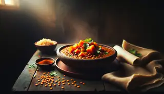 Rustic bowl of Ethiopian Lentil and Sweet Potato Stew on a dark wooden table, garnished with cilantro, beside fresh injera bread, in warm light.