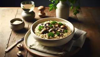Image of creamy vegan mushroom risotto in a white bowl on a rustic table, with parsley in a vase and a glass of white wine, under soft lighting.