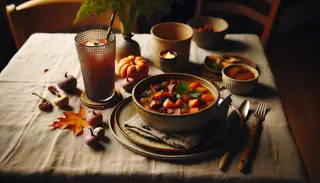 Minimalist dining table with a rustic bowl of Autumn Spiced Stew, a textured drink in a glass, tiny vase with autumn leaves, and warm lighting.