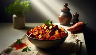 Vegan African side dish in a bowl featuring golden-brown sweet potatoes, smoked tofu, red bell peppers, garnished with parsley, seasoned with paprika and cumin.