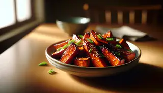 Glossy Miso Maple Roasted Sweet Potatoes on a white plate, garnished with sesame seeds and scallions, on a blurred wooden table.