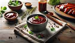 A vibrant, smoky and tangy plant-based BBQ sauce showcased in a small dish on a clean, minimalist table.