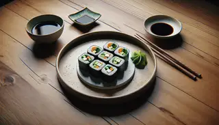 Create an image embodying a tranquil dinner table scenario. Centrally placed on the table is a Vegan Sushi Roll, prepared with meticulous care. This dish showcases vibrant hues from the cucumber, avocado, and carrot fillings, visible in bite-sized slices. Tucked inside the roll is firm tofu. The sushi rice appears impeccably cooked and delicately seasoned, encapsulated within a sheath of nori. This inviting meal is represented on an minimalist, aesthetic Japanese style plate, accompanied by a tiny saucer filled with soy sauce. The table, made of wood, adds a rustic charm to the setting, while chopsticks lie idly next to the dish, anticipating the enjoyable dinner ahead.