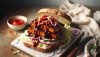 Image of a vegan Asian-American BBQ tempeh sandwich on a whole wheat bun, with red onion, cabbage, and sriracha mayo, in a bright, minimalist setting.