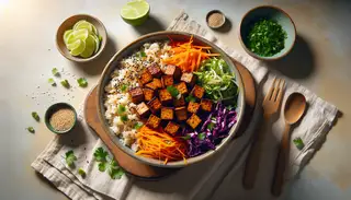 Vegan Asian BBQ Tempeh Bowl with crispy tempeh on brown rice, surrounded by purple cabbage, carrots, cilantro, sesame seeds, and lime wedges, in natural light.