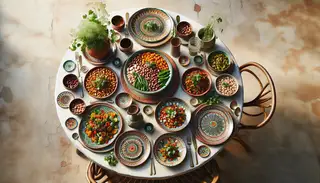 Vibrant African vegan dishes with flavorful beans, cilantro garnish, set in a minimalist outdoor table setting.