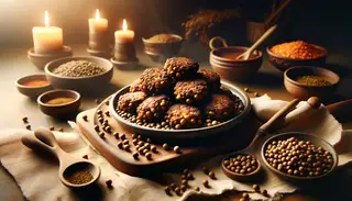 An inviting table setting featuring a plate of delicious vegan African lentil fritters, perfect as snacks, with a cozy, comforting background.