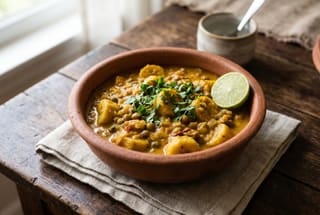 A golden mango and tamarind stew with green bananas and pigeon peas in a clay bowl, garnished with cilantro and lime on a wooden table.