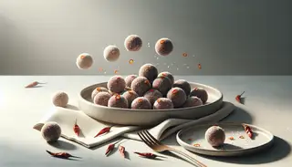 Still-life image of 'Tangy Tamarind Poppers' on a minimalist table, featuring walnut-sized, coconut-coated, dark tamarind balls with chili flakes.