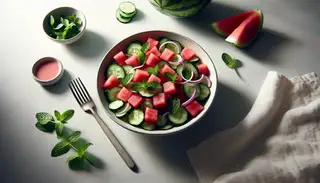 A fresh watermelon and cucumber salad with red onion and mint, lightly dressed in balsamic, presented in a clear bowl on a simple table.
