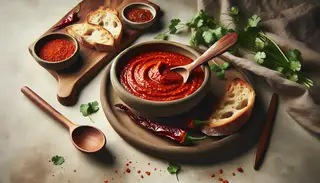 Image of a North African-inspired table setting featuring a bowl of smooth, spicy roasted bell pepper sauce. Crusty bread slices, a wooden spoon, and fresh cilantro leaves complement the vibrant red sauce. The natural wood table and soft lighting enhance the warm, inviting scene.