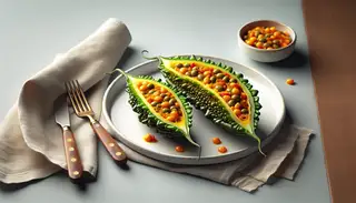 Bitter melon halves stuffed with spicy lentils on a white plate, simple fork and napkin beside, with a blurred background.