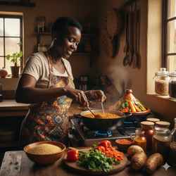 Nia in a colorful kitchen adorned with African art, preparing a vegan Ethiopian lentil stew.