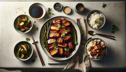 Realistic vegan dinner setting with caramelized roasted jackfruit, garnished with cilantro and sesame seeds, alongside steamed greens and jasmine rice on a minimal table.