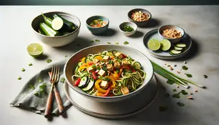 Minimalist vegan lunch setup featuring Zucchini Noodle Pad Thai in a refined bowl with tofu, colorful veggies, garnished with green onions, peanuts, cilantro, and lime slices on a neutral backdrop.