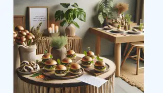 A serene table setting featuring earthy mushroom and lentil sliders surrounded by natural decor.