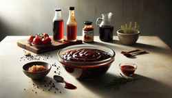 Image of a thick, smoky vegan BBQ marinade in a clear glass bowl, with key ingredients around it on a light wood table, under soft lighting.