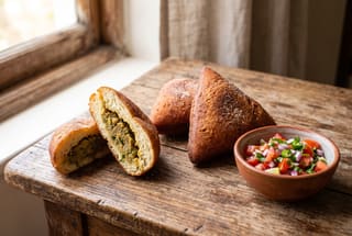 Kenyan Masala Tea-Infused Mahamri Stuffed with Coconut Pigeon Peas Golden-brown stuffed mahamri doughnuts on a wooden table, one showing a creamy coconut pea filling, served with a side of fresh tomato salad.