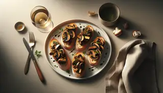 Realistic vegan mushroom bruschetta on a chic plate, with parsley garnish, beside white wine, under natural light.