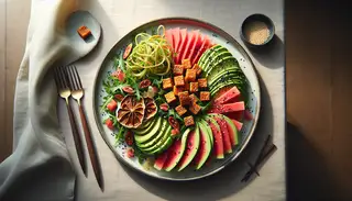 Elegant vegan tasting dish with dehydrated watermelon, shredded jackfruit, avocado on arugula, topped with grilled tempeh and sesame seeds, emphasizing freshness and culinary art.