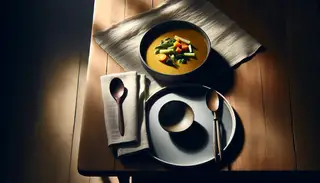 A serene table setting featuring a bowl of Umami Vegan Soup, complemented by a stylish spoon, on a rustic wooden table, exuding warmth and comfort.