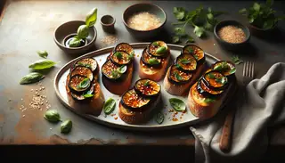 Minimalist vegan bruschetta with caramelized eggplant glazed in miso-maple syrup, topped with fresh basil, cilantro, and sesame seeds, ready to enjoy.