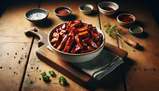 Vegan sticky BBQ jackfruit in a white bowl on a wooden table, garnished with parsley and chili flakes, in warm lighting.