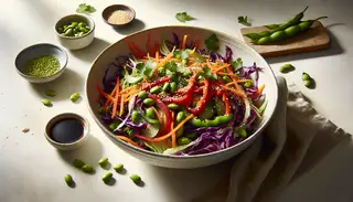 Image of a vibrant vegan Asian salad with purple cabbage, carrots, red bell peppers, edamame, green onions, and cilantro, dressed in soy sauce mix and sprinkled with sesame seeds, on a minimalist table.