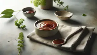 Artfully displayed umami sauce in a small container, with a dripping spoon next to it, set on a minimalist table with a fresh herb garnish.