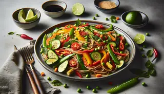 Vegan Pan-Asian spaghetti in a stylish bowl, glistening with sauces and topped with fresh herbs and sesame seeds, surrounded by a simplistic table setting.