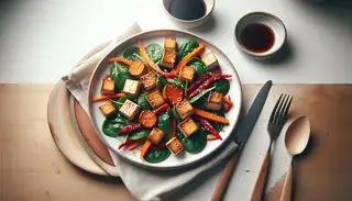 Elegant vegan fusion dish on a minimalist table, featuring golden-brown tofu, roasted sweet potatoes, spinach, and red bell pepper with a glossy dressing and sesame seeds.