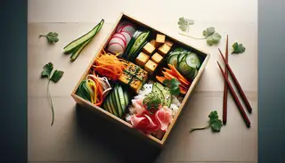 Vegan bento box on wooden table featuring colorful pickled vegetables, fried tofu, sushi rice, sesame seeds, nori strips, and fresh cilantro.