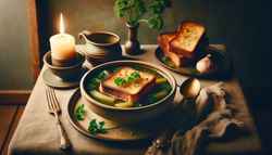 A cozy table setting featuring a rustic ceramic bowl with artisanal toast soaked in vegetable broth, garnished with fresh parsley.